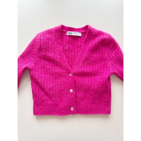 ZARA Hot Pink Wool Alpaca Ribbed Knit V-Neck Cropped Cardigan Sweater, Size S - Picture 6 of 10